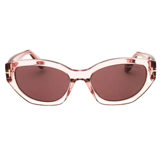 Pink sunglasses with brown lenses on a white background