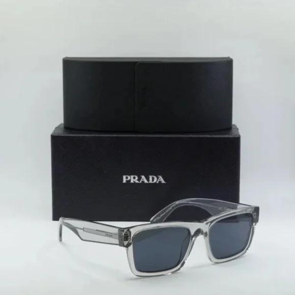 PRADA PR 25ZS Crystal Grey Blue Lens Rectangular Designer Sunglasses